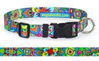 Mandela artwork on a dog collar representing a geometric figure representing the universe in Hindu and Buddhist symbolism in bold bright multi-colors.