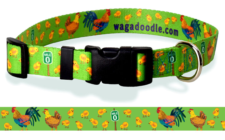 PersonalizedDog Collar with Lime green Background with Roosters, Chickens and baby chicks next to mile zero signpost in Key West Florida USA