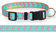 Pink Flamingos with Border on Aqua Personalized Dog Collar