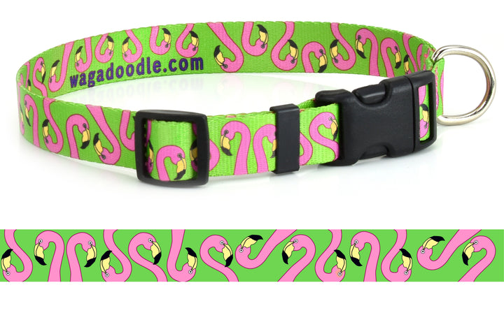 Bright lime green dog collar with pink flamingo heads going up and down in multiple  directions