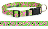 Pink Flamingo Heads on Lime Personalized Dog Collar