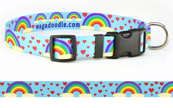Rainbow Clouds & Hearts Blue Personalized Dog Collar