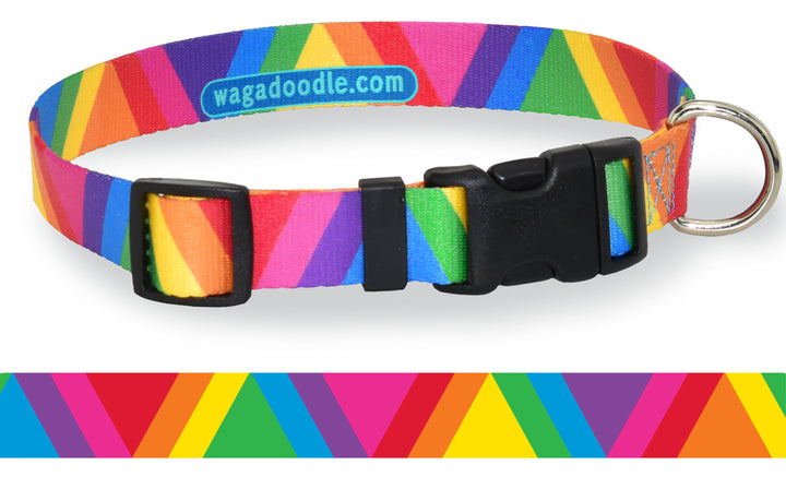A dog collar with a triangle and striped pattern with all the colors of the rainbow,