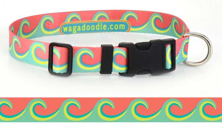 Waves in Seafoam/Coral Personalized Dog Collar