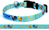 Personalized Dog collar with Chickens , Roosters and baby chicks with writing saying Key West on it,  on a blue background back view