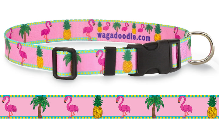 Pink Flamingos Pineapples and Palm Trees on Pink Dog Collar