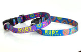 Personalized dog collars with the pet's name and phone number and colorful bright flowers