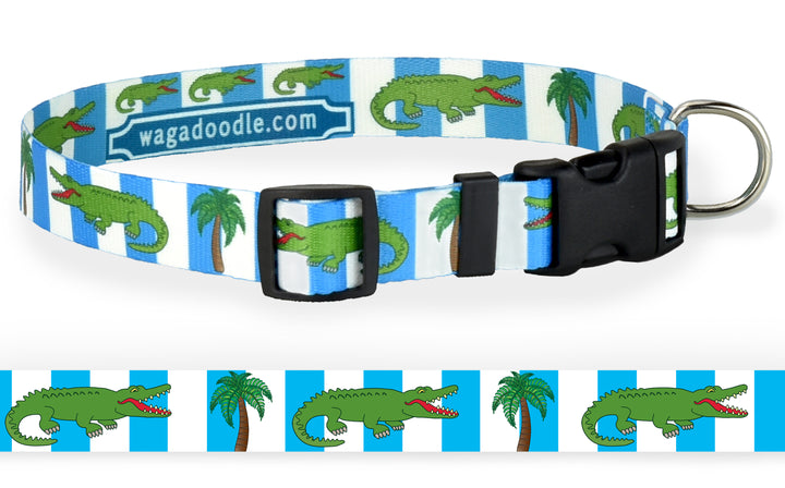 Dog Collar that can be custom personalized in the artwork on the collar that contains alligators and palm trees on a blue striped background