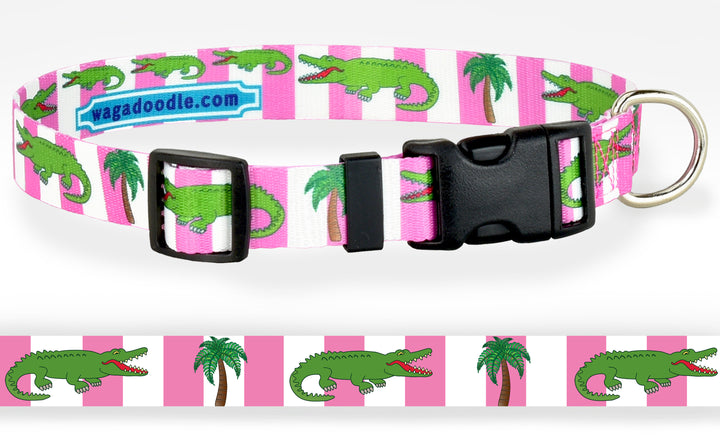 Dog collar with preppy alligators and palm trees on a pink background that looks like a Lilly Pulitzer Palm Beach Design