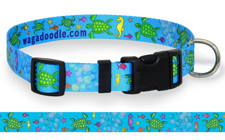 Sea Turtles Dog Collar with Sea Horses, scrummy fish and starfishon Turquoise can be Custom sized and Personalized