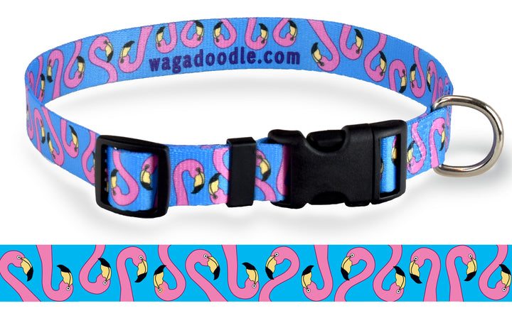 Pink Flamingo Heads on Turquoise Personalized Dog Collar