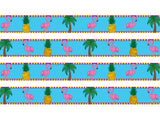 tropical hawaiian dog collar design with pink flamingos, pineapples and palm trees on a blue ocean beach background with a border
