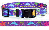 Dolphins in Key West Jumping in the Ocean surrounded by Tropical Frangipani also called Hawaiian Plumeria Flowers with Palm Trees on Purple Dog Collar.