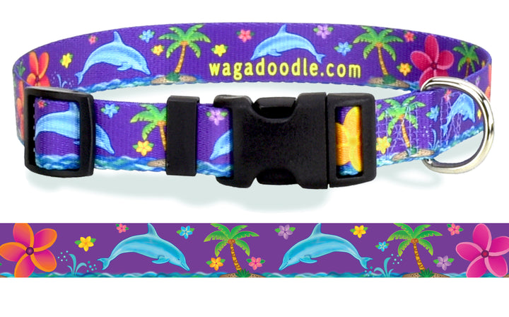 Dolphins and Frangipani Flowers Purple Personalized Dog Collar