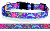 Key West Dolphins Jumping in the Ocean surrounded by Tropical Frangipani also called Hawaiian Plumeria Flowers with Palm Trees on Purple Dog Collar.