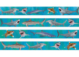 blue dog collar with high quality artwork of a great white shark, tiger shark, blue shark, hammerhead shark and an oceanic white tip shark made by key west artist Deb Pansier