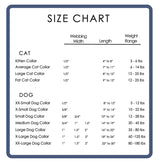 size chart for all the various dog collars made by Wagadoodle.  The sign list collars by what weigh dogs they will fit as well as by the neck size in inche