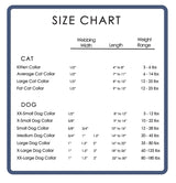 Wagadoodle dog collar size chart showing all the widths of webbing available and all the lengths any of the webbing can be made into.