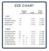 Size chart for all dog collars made by Wagadoodle listing width and lenght followed by a weight range that collar will fit.
