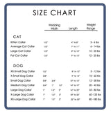 Size chart for all dog collars made by Wagadoodle listing width and lenght followed by a weight range that collar will fit.