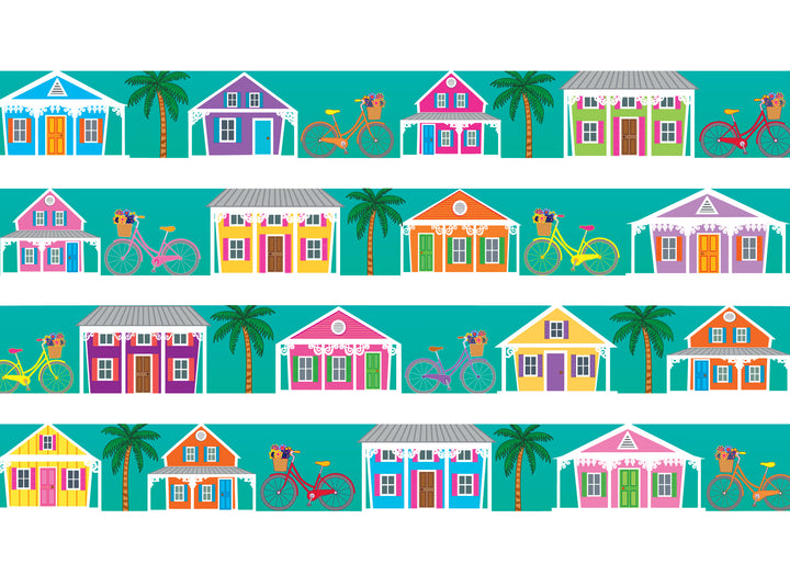 dog collar with key west conch houses in various pastel colors with bicycles and palm trees on a Teal background